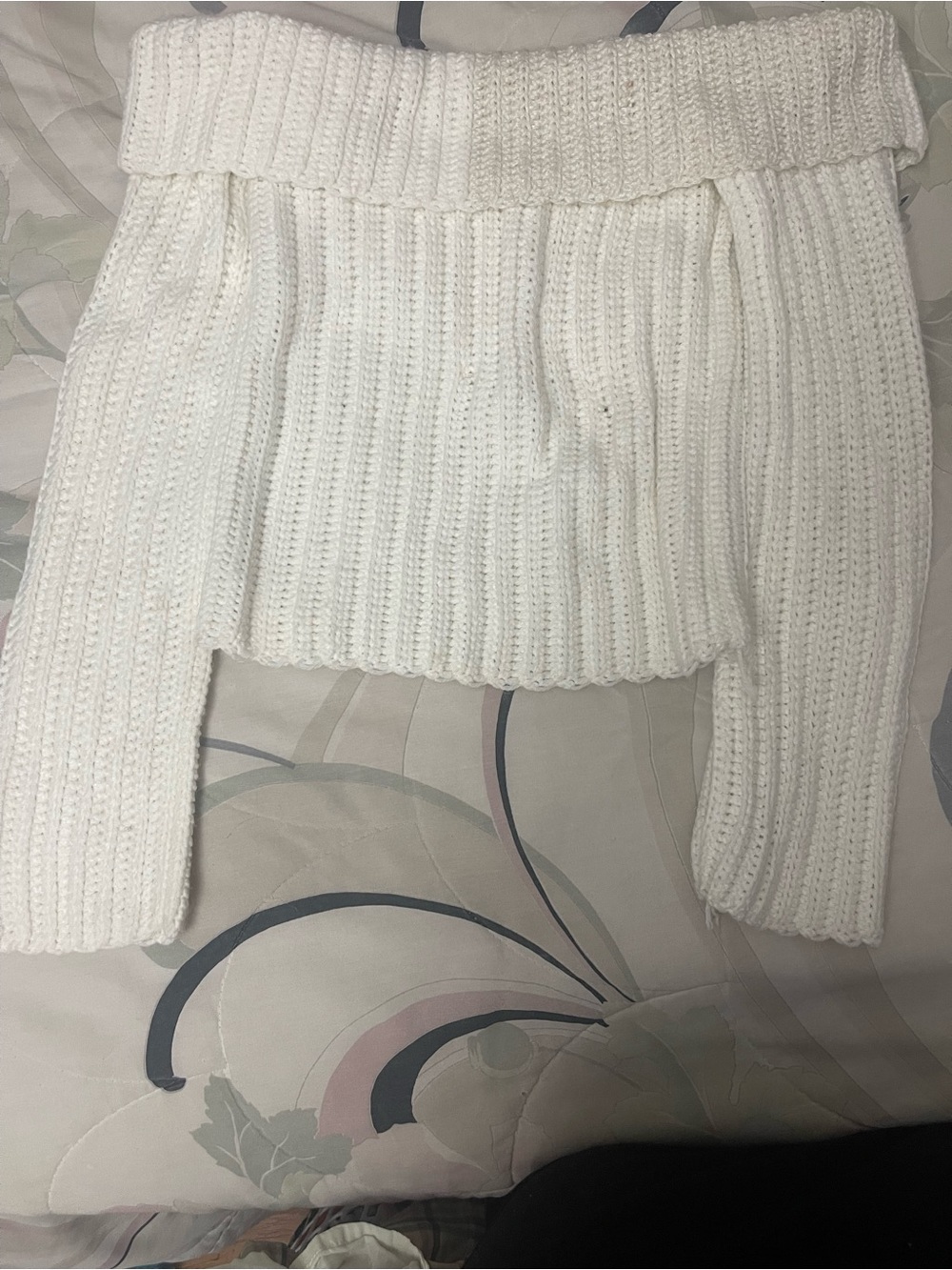 Hand Crafted Cream Off-Shoulder Ribbed Knit Sweater
